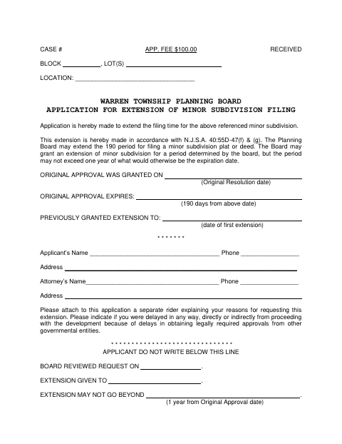 First page of the Application for Extension of Minor Subdivision Filing