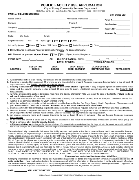 First page of the Public Facility Use Application