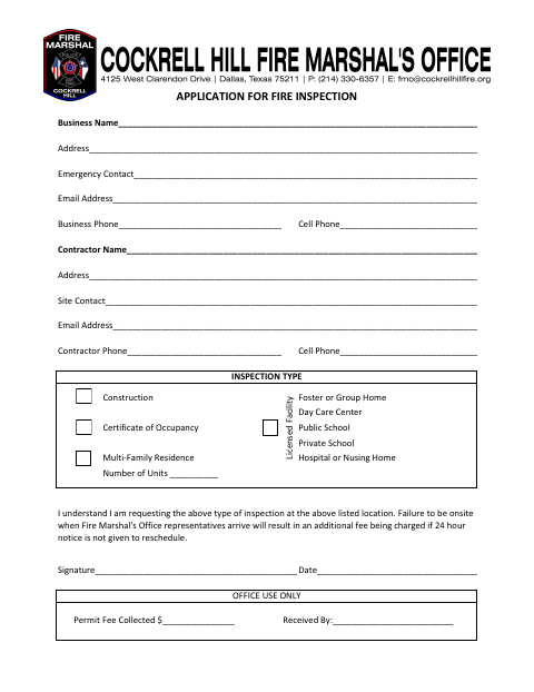 First page of the Application for Fire Inspection