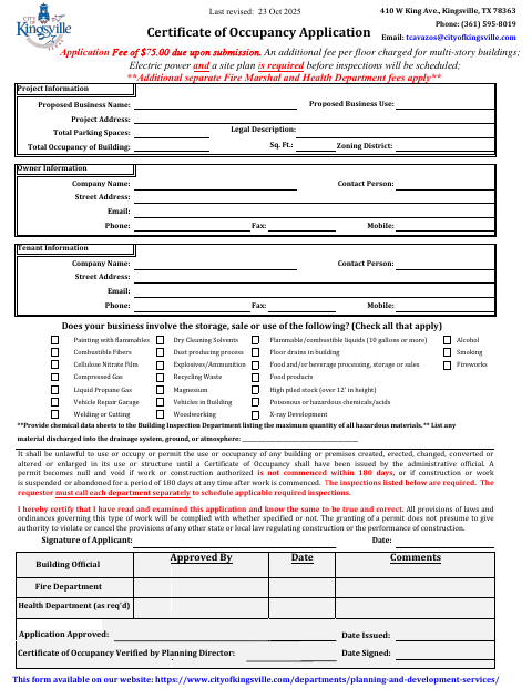 First page of the Certificate of Occupancy Application