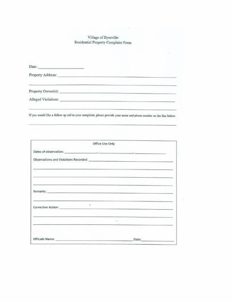 First page of the Residential Property Complaint Form