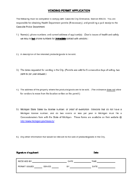 First page of the Vending Permit Application