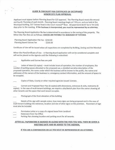 First page of the Minor Site Plan and Certificate of Use Development Application