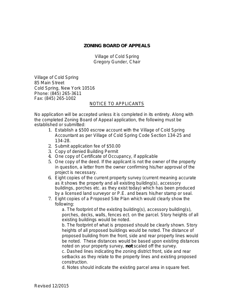 First page of the Zoning Board of Appeals Application