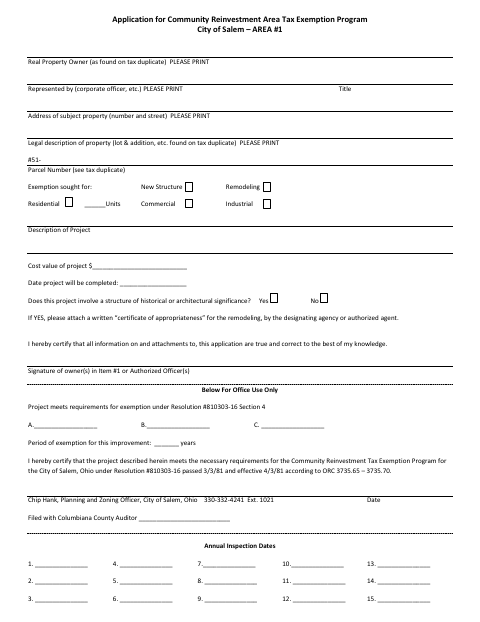 First page of the Community Reinvestment Area Tax Exemption Program Application