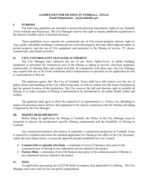 First page of the Commercial Filming Application