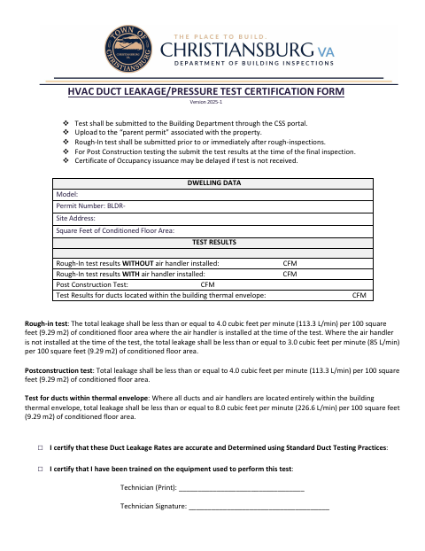 First page of the HVAC Duct Leakage/Pressure Test Certification Form