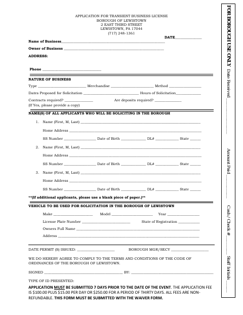 First page of the Application for Transient Business License