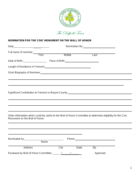 First page of the Nomination for the Civic Monument on the Wall of Honor