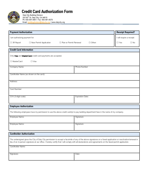 First page of the Credit Card Authorization Form