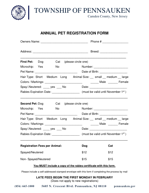 First page of the Annual Pet Registration Form