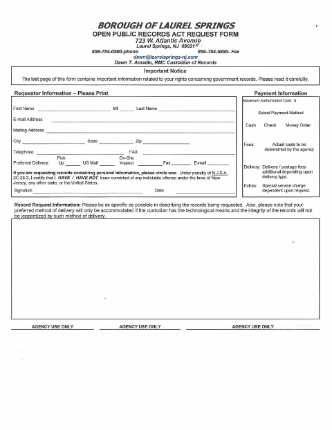 First page of the Open Public Records Act Request Form