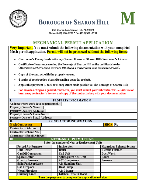 First page of the Mechanical Permit Application