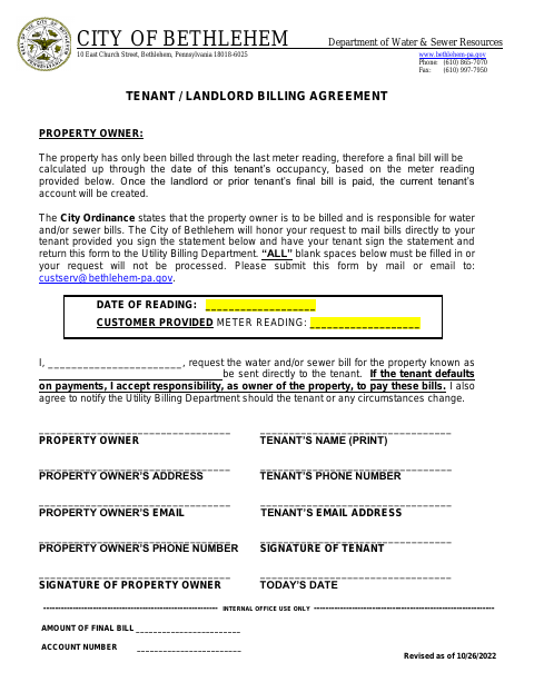 First page of the Tenant/Landlord Billing Agreement