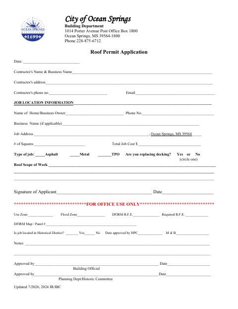 First page of the Roof Permit Application