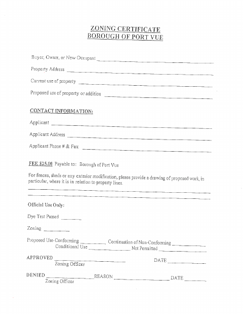 First page of the Zoning Certificate