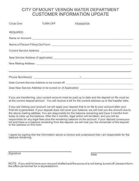 First page of the Water Department Customer Information Update