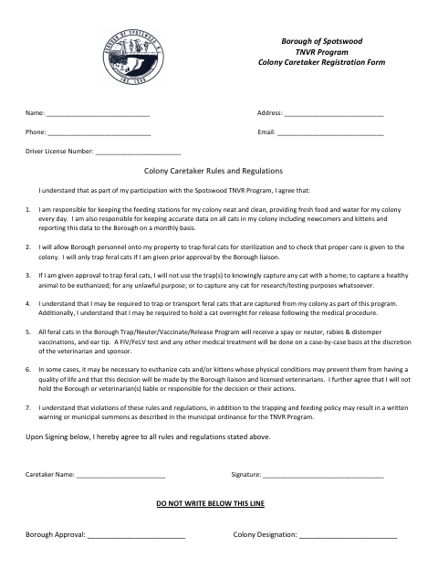 First page of the Colony Caretaker Registration Form