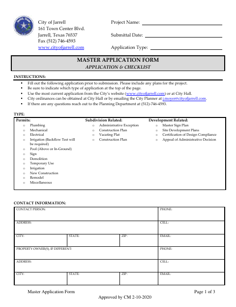 First page of the Master Application Form