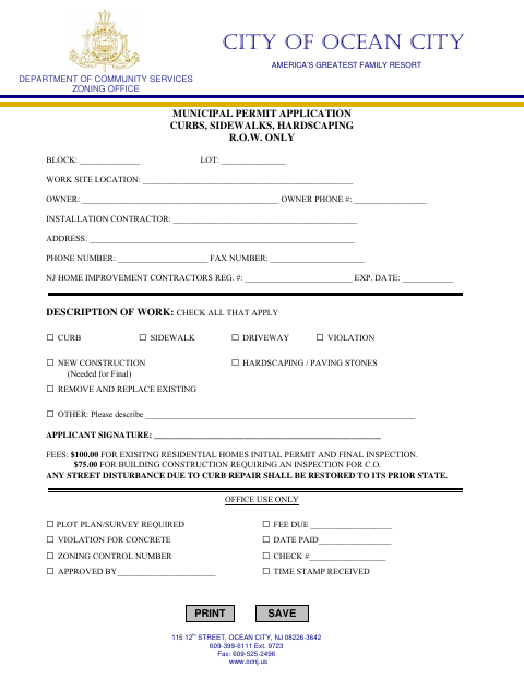 First page of the Municipal Permit Application for Curbs, Sidewalks, and Hardscaping