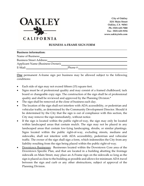 First page of the Business A-Frame Sign Form