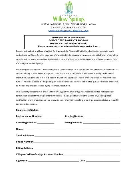 First page of the Utility Bill Direct Debit Authorization
