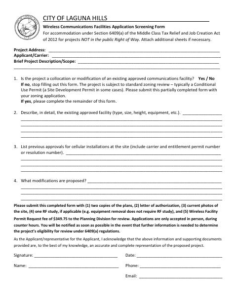 First page of the Wireless Communications Facilities Application Screening Form