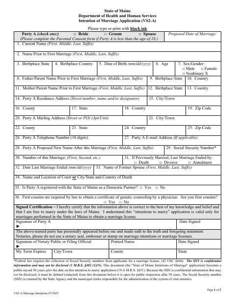 First page of the Marriage Intentions Application