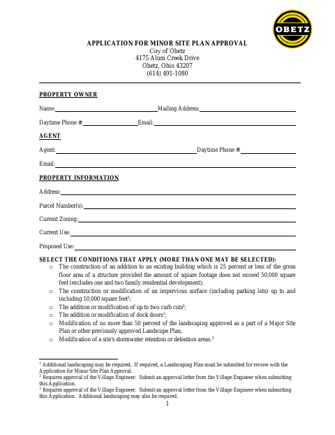 First page of the Application for Minor Site Plan Approval