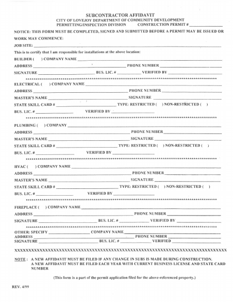 First page of the Subcontractor Affidavit