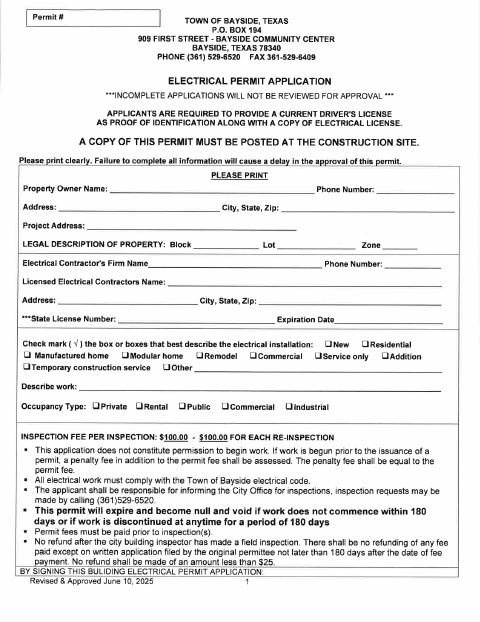 First page of the Electrical Permit Application