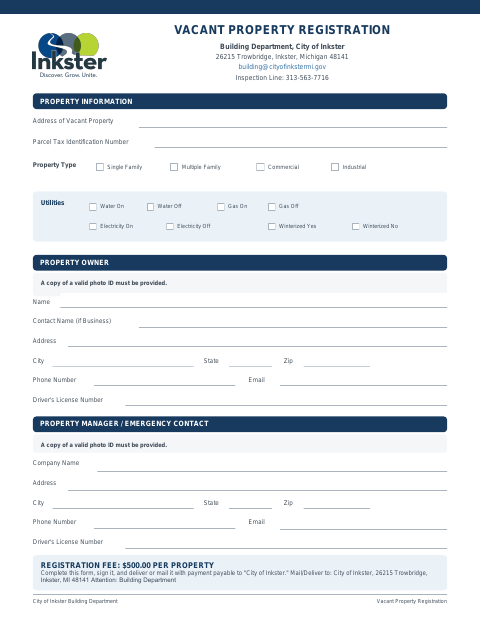 First page of the Vacant Property Registration Form