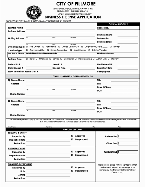 First page of the Business License Application