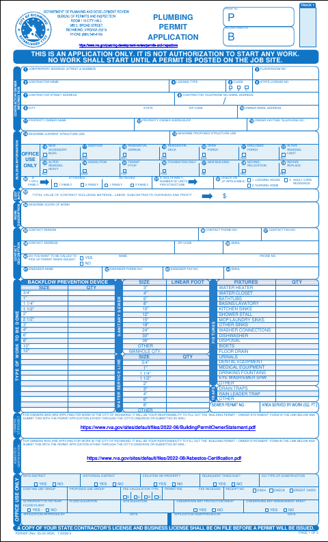 First page of the Plumbing Permit Application
