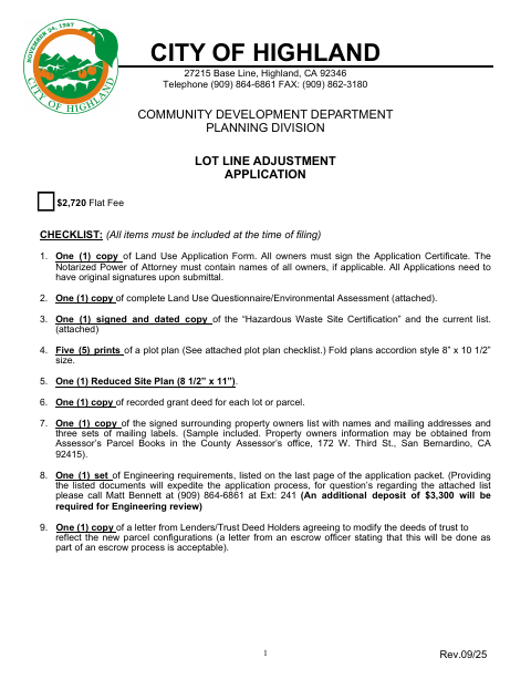 First page of the Lot Line Adjustment Application
