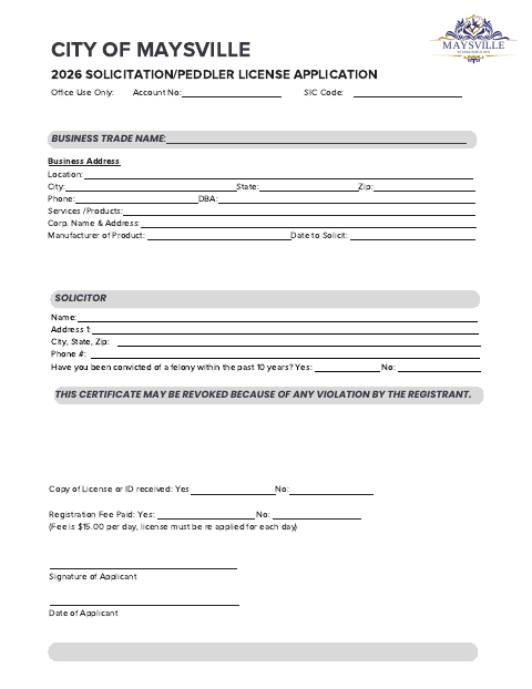 First page of the 2026 Solicitation / Peddler License Application