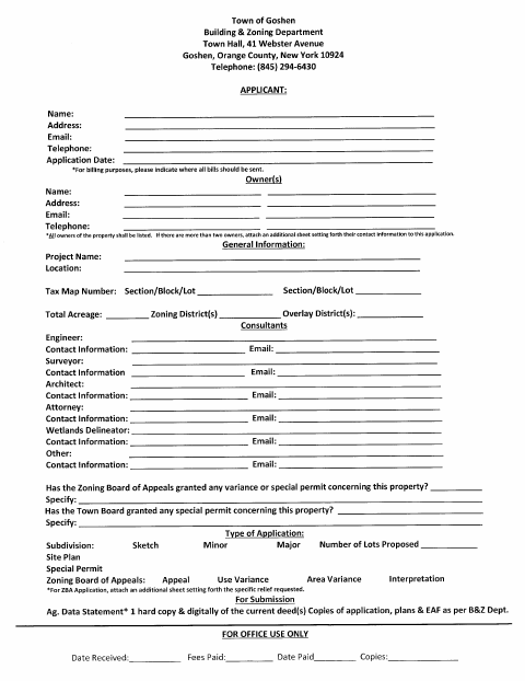 First page of the Planning Board and Zoning Board of Appeals Application