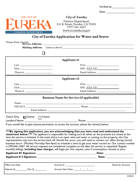 First page of the Application for Water and Sewer