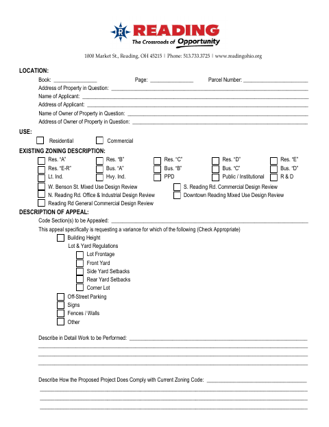 First page of the Zoning Board of Appeals Application