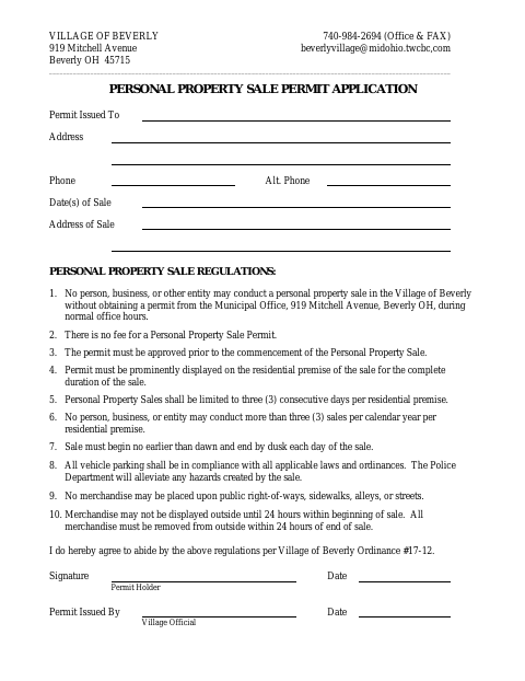 First page of the Personal Property Sale Permit Application