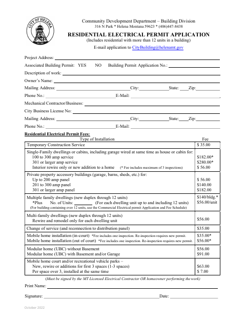 First page of the Residential Electrical Permit Application