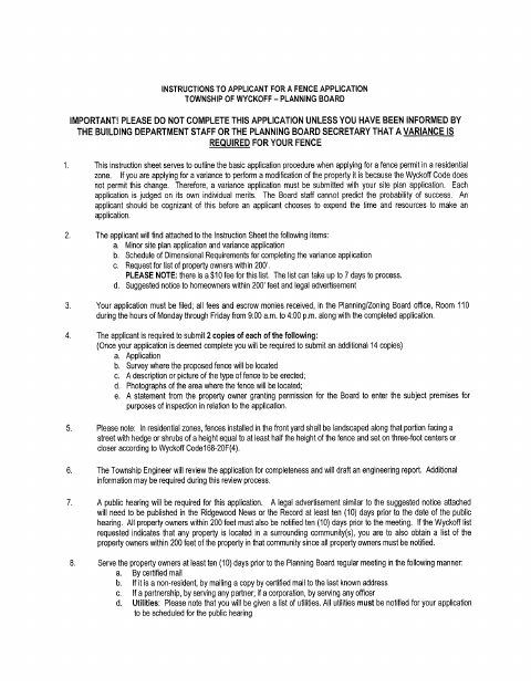 First page of the Fence Application and Instructions (Variance Required)
