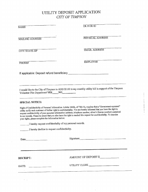 First page of the Utility Deposit Application & Information