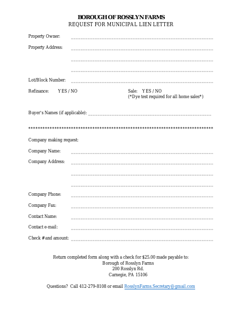First page of the Request for Municipal Lien Letter