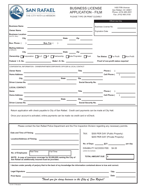 First page of the Business License Application – Film
