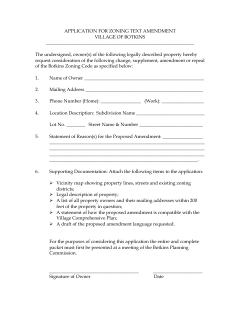 First page of the Application for Zoning Text Amendment