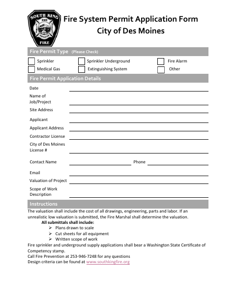 First page of the Fire System Permit Application