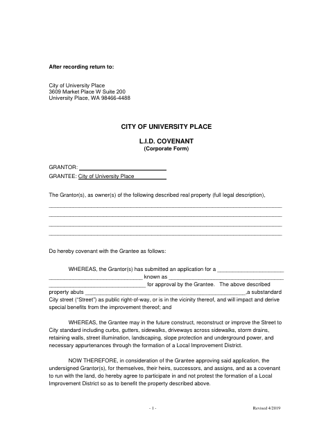 First page of the L.I.D. Covenant (Corporate Form)