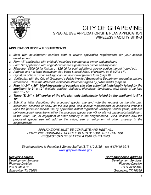 First page of the Wireless Facility Siting Special Use and Site Plan Application