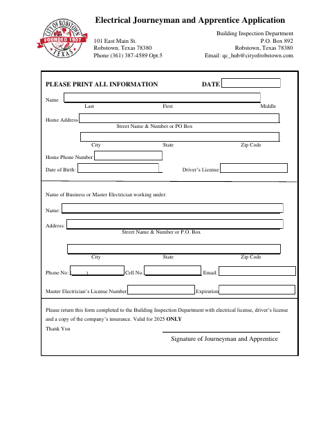 First page of the Journeyman and Apprentice Electrician Application 2025